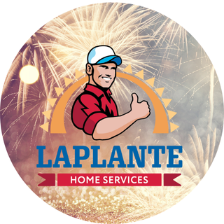 A smiling man gives a thumbs up before a sunrise or sunset and fireworks. "LAPLANTE" in bold blue tops a red banner, evoking Maine.