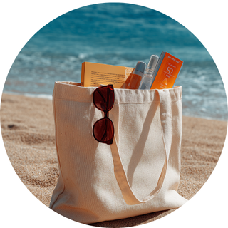 A beige tote bag rests on Scarborough beach, ME. It holds a book, sunscreen, and more; red sunglasses hang from its strap.