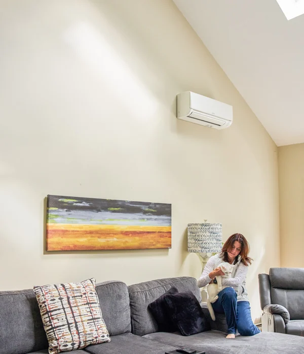 A woman sits on a gray couch in a bright Scarborough ME living room, holding a white cat. A heat pump and painting hang above her.